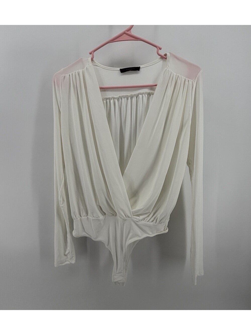 AllSaints Women’s Ivory White Draped Bodysuit Long Sleeve Deep V Neck